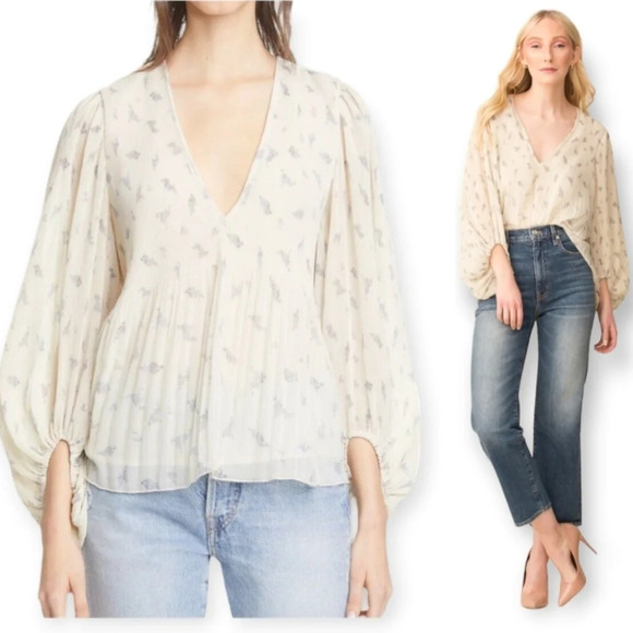 NWT Ganni Pleated Georgette Floral V-Neck Blouse with Balloon Sleeves 40 (8 US) - Picture 1 of 16